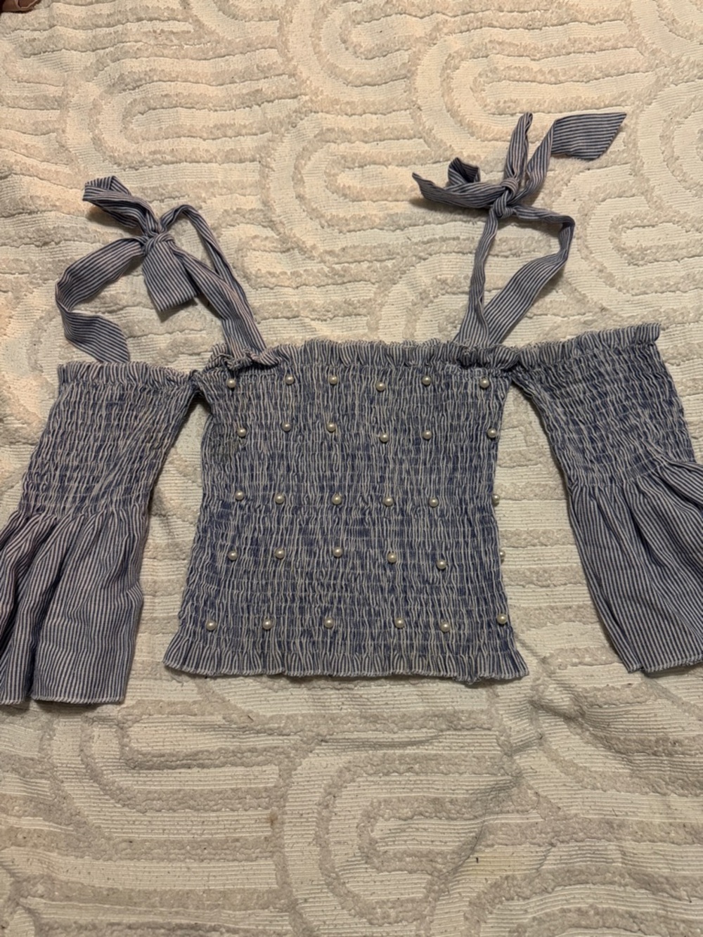 Striped Blue Off-Shoulder Tie-Strap Smocked Top